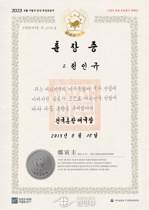 안성시-경기동부보훈지청, 9월 ‘이달의 안성독립운동가 정인규 선생’ 선정