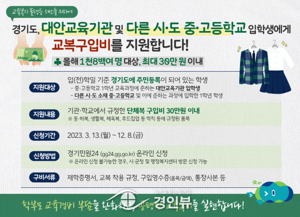 경기도-안성시, 대안교육기관 등 다른 시·도 중·고등학교 입학생 교복비 지원