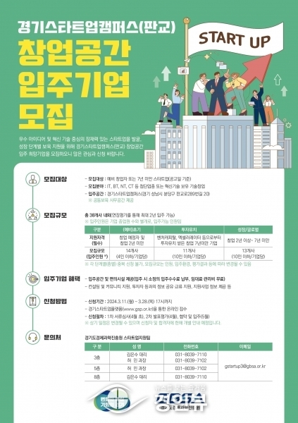 경기도, 판교 스타트업캠퍼스 창업공간 입주기업 모집